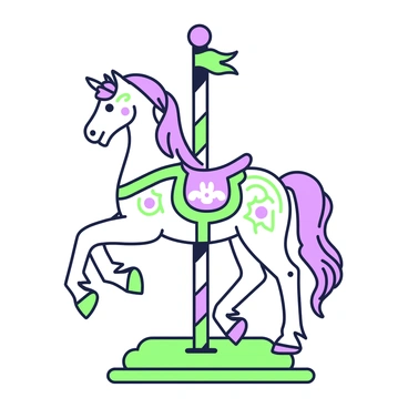A whimsical carousel horse stands elegantly on a wooden platform. The horse has intricate designs carved into its body, featuring flowing mane and tail that accentuate its grace. Various patterns adorn its flank and saddle, showcasing a delightful mix of shapes and swirls. Colorful ribbons are tied to the saddle, fluttering in the air. The horse is posed with one front leg raised, as if in mid-gallop, while surrounding it are several colorful poles supporting the carousel above. The entire scene conveys a sense of joy and movement.