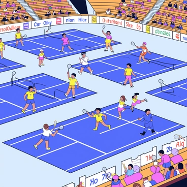 An aerial view showcasing several badminton courts arranged in a spacious indoor arena. Each court is marked with bright white lines, and players are engaged in dynamic matches. Some players are mid-action, with rackets raised and shuttlecocks flying across the courts. Colorful banners hang from the rafters, displaying the names of participating teams. Spectators can be seen in the stands, watching the matches intently. The floor is polished wood, reflecting the vibrant colors from the players' uniforms.