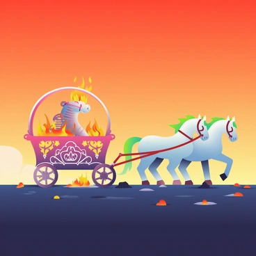 A chariot made of intricate bone structures, glowing with embers and surrounded by flickering flames, is in motion across a charred plain. The chariot has ornate carvings along its sides, with flames dancing at the corners. It is being pulled by four spectral horses, their bodies shimmering with ethereal light and smoke trailing behind them. The ground beneath is covered in blackened earth, with occasional ash and smoldering remnants scattered around. The sky above is a deep, fiery orange, casting an ominous glow over the scene.