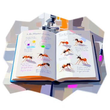 An open laboratory notebook is displayed on a table, featuring pages filled with intricate sketches and notes. The first page shows detailed drawings of various ant species, highlighting their body structures and behaviors. Handwritten notes in neat cursive accompany each illustration, providing insights into their social structures and foraging habits. In the background, there are faint outlines of a microscope and other laboratory tools, suggesting an ongoing scientific study. The notebook's composition includes a variety of colored inks used for annotations, adding a lively touch to the pages.