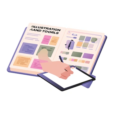 A digital flat illustration featuring an open style guide. The guide is displayed on a white background, showcasing various illustration techniques and tools. On the left side, there are panels with vibrant samples of different illustration styles, including line art, flat colors, and gradient shading. Each panel is labeled with its respective technique in bold, black text. 

On the right side, there are digital tools such as graphic tablets, styluses, and software icons, arranged neatly. A small section features color palettes in various shades, displayed as swatches. In the center, there is a hand holding a stylus, actively sketching on a tablet. Above the guide, the title "Illustration Techniques and Tools" appears prominently in a modern font. Each element is clearly defined, contributing to an informative and visually appealing layout.