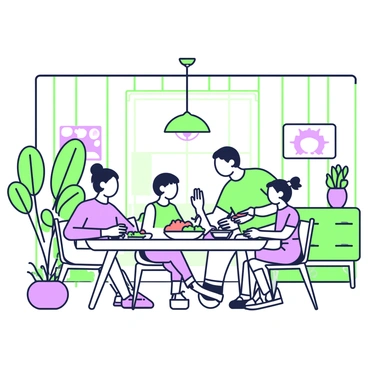 A family of four is gathered around a sleek, oval dining table in a mid-century modern dining room. The room features a large window allowing natural light to stream in, highlighting the wood paneling on the walls. The parents, a woman and a man, are sitting at the table, smiling as they serve food from colorful dishes. The children, a boy and a girl, are sitting on either side, with the girl reaching for a plate of salad. Above the table, a unique chandelier provides soft lighting. Various plants are placed in the corners, adding to the decor. The space is adorned with iconic furniture pieces, including a stylish sideboard and geometric-patterned artwork on the walls.