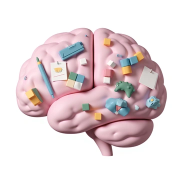 A brain split into work and play sections, with office supplies and toys on each side
