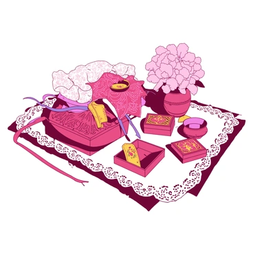 A collection of traditional wedding favors displayed elegantly on a white lace tablecloth. Each favor is uniquely designed, showcasing intricate Marathi patterns and motifs. The favors include small handmade items such as colorful bangles, decorative boxes, and intricately painted clay pots. Brightly colored ribbons in complementary hues are tied around each favor, adding elegance. Surrounding the favors are fresh flowers in shades of pink and white, enhancing the overall presentation. The setting is well-lit, highlighting the details of the Marathi designs on each item.