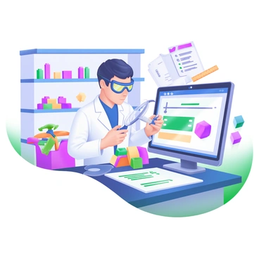 A laboratory scene featuring an inspector examining a colorful toy for safety compliance. The inspector is wearing a white lab coat and safety goggles, holding the toy in one hand while using a magnifying glass in the other. Surrounding the inspector are various safety compliance tools, including a checklist, a ruler, and a set of colorful building blocks. On the table, there are also safety manuals and a modern computer displaying data relevant to toy safety standards. The walls of the laboratory are lined with shelves filled with more toys and inspection equipment.