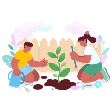 Two children are kneeling in a backyard garden, intently observing a sweet bean plant as it grows. One child is wearing a bright yellow t-shirt and has a watering can beside them, while the other child is wearing green shorts and is holding a small gardening shovel. The sweet bean plant is vibrant green and has multiple small leaves sprouting. Surrounding the plant are patches of soft soil and various gardening tools scattered on the ground. In the background, there are colorful flowers and a wooden fence that adds charm to the scene.
