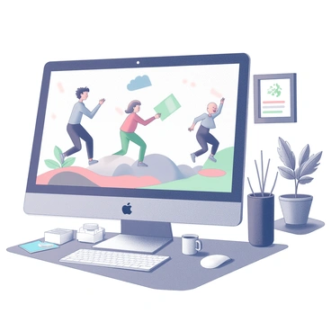 A computer monitor displays a dynamic scene. The screen shows various characters in motion, with some jumping and others interacting with each other. There are colorful graphics and shapes that animate across the display. A mouse cursor is visible, hovering over one of the characters, suggesting interactivity. The computer itself is placed on a desk cluttered with papers and a coffee mug. The background features a cozy room with a few personal items like a plant and a picture frame on the wall.