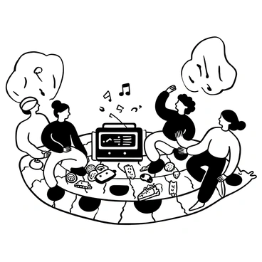 A vintage radio placed on a checkered picnic blanket, surrounded by various food items such as sandwiches, fruits, and snacks. Several friends are seated on the blanket, engaged in lively conversation and laughter. A few musical notes are illustrated around the radio, suggesting the music playing. Trees are visible in the background, along with a clear sky.