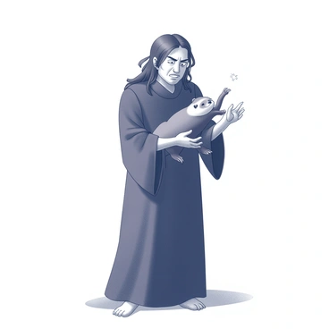 A man with long, dark hair is standing with a small, mischievous ferret cradled in his hands. His face displays a look of annoyance, with furrowed brows and pursed lips. The ferret is wriggling playfully, its tiny paws in the air as if trying to escape. The man is wearing a dark robe that flows down to his feet, adding to his serious demeanor. The setting around him is simple, emphasizing the interaction between the man and the ferret.