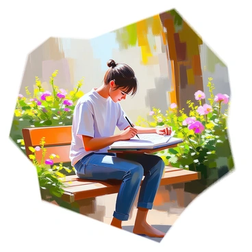 A student with light skin and brown hair, wearing a white shirt and jeans, is seated on a wooden bench in a botanical garden. The student is focused intently on a sketchbook, using a pencil to carefully illustrate various plants. Surrounding the student, there are vibrant green ferns, colorful flowers in bloom, and tall, leafy trees, creating a lush backdrop. Sunlight filters through the leaves, casting dappled shadows on the ground. The student’s sketchbook displays detailed drawings of plants, showcasing their textures and shapes.