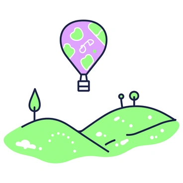 A hot air balloon is floating in the sky above rolling hills. The balloon features a vibrant pattern, with a mix of shapes and designs. Below it, the hills curve gently, creating a landscape that stretches into the distance. Patches of grass cover the hills, and there are a few scattered trees that rise above the terrain. The sky is clear, allowing for a broad view of the horizon.