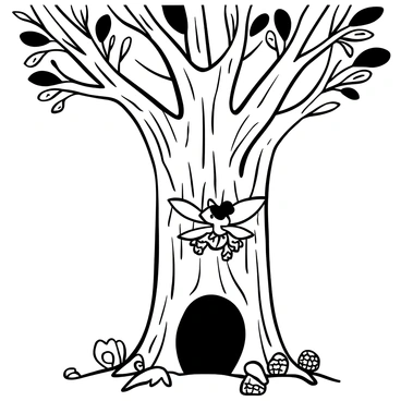 A fairy with delicate wings is peeking out from a hollow in an ancient tree, its thick bark revealing deep grooves and textures. The tree is tall and gnarled, with sprawling branches that extend outward. Surrounding the base of the tree, there are scattered leaves and small mushrooms. Sunlight filters through the leaves above, casting dappled shadows on the ground. The fairy's attire is composed of leaves and petals, blending harmoniously with the natural elements around her.