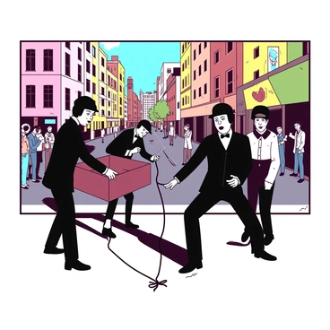 A lively urban setting features a group of mimes working together on a humorous tableau. In the foreground, three mimes are dressed in classic black and white outfits, complete with berets and white face paint. One mime pretends to be locked in an invisible box, while another mime mimics an exaggerated expression of surprise. A third mime holds an imaginary rope, pulling it tightly as if engaged in a comedic tug-of-war. The background is filled with colorful buildings and passersby who are stopping to watch the performance, some smiling and others laughing at the antics of the mimes. The scene captures the vibrant energy of the city, with the mimes at the center of attention.