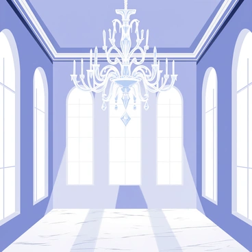 An elegant chandelier made entirely of "ice crystals" is hanging from the ceiling of a grand "ballroom." The chandelier features intricate designs with sharp, glistening edges that refract light beautifully. Below the chandelier, the ballroom has a polished "marble floor" reflecting the shimmering light. Large, ornate "windows" line the walls, allowing soft light to filter in and enhance the sparkling effect of the chandelier. The overall ambiance is one of sophistication and grandeur, with "delicate ice designs" adorning the chandelier that catch the eye.