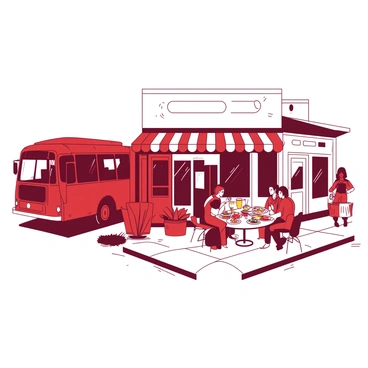 A red bus is parked outside a white quaint roadside diner with a striped awning. The diner has a few large windows, and several passengers are seated at outdoor tables enjoying their meals. A couple of plates with colorful food items are placed on the tables, and some drinks are visible as well. The bus has its doors open, suggesting a recent arrival, while a few passengers are standing and chatting near the entrance of the diner. The surrounding area features a well-kept sidewalk and a few small bushes.