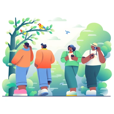 A group of four enthusiasts is observing various birds using binoculars in a lush, green forested area. Two individuals with dark hair and casual clothing are standing on the left, intently focused on a tree branch where a colorful bird is perched. One of them is pointing excitedly at the bird with a bright yellow feathered head. On the right, a woman with curly hair is taking notes in a small notebook, while her friend, wearing a wide-brimmed hat, is adjusting the focus on his binoculars. The forest is filled with vibrant green leaves, dappled sunlight filtering through the canopy, and various birds flying in the background, adding life to the scene.