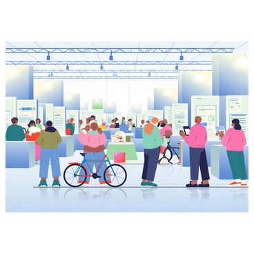 An exhibition hall showcasing various models and technology of smart bikes