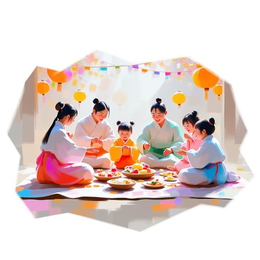 A group of families dressed in colorful hanboks, consisting of vibrant hues of pink, blue, and green, is gathered together in an open area, joyfully celebrating Korean New Year. The children are playing traditional games, such as yutnori, with wooden sticks and brightly colored pieces. Adults are watching and cheering, capturing the lively atmosphere. In the background, there are festive decorations like lanterns and banners, enhancing the celebratory mood. Some families are sharing traditional foods, such as tteokguk and fruit, on a beautifully arranged picnic blanket.