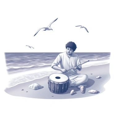 A dholak, a traditional drum, is positioned firmly on the sandy shore. The musician is seated on the ground, hands poised over the drum, with a focused expression as they play. In the background, gentle waves are lapping against the shoreline, creating a rhythmic sound that complements the beat of the dholak. The sea stretches out to the horizon, with the rippling water reflecting light. A few seashells and pieces of driftwood are scattered nearby, adding to the coastal scene. Seagulls are soaring above, completing the picturesque seaside atmosphere.