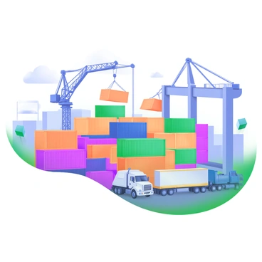 A vibrant scene at a busy inland port showcasing stacks of colorful cargo containers. The containers are arranged in various sizes and are painted in shades of red, blue, green, yellow, and orange. Surrounding the containers are cranes in action, lifting some of the cargo. Trucks are parked nearby, ready to transport goods. The background features a clear blue sky with a few fluffy clouds, and a sense of bustling activity fills the air.