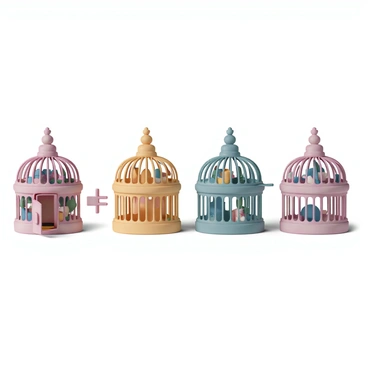 Four birdcages arranged in a row, each featuring an intricate design with decorative elements. One birdcage on the left side has its door open, while the other three birdcages have their doors closed. Each birdcage is filled with vibrant colors, showcasing various details like a perch and some decorative foliage inside. The open door birdcage gives a sense of possibility, while the closed ones represent containment. The overall arrangement and design of the birdcages clearly depict the fraction "4/3".