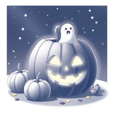 A tiny ghost with a translucent appearance is peeking out from behind a large pumpkin. The pumpkin has a carved face with jagged features, illuminated from within, casting a soft glow. The scene is set during Halloween night, with a dark sky overhead filled with stars. The ground is scattered with fallen leaves, and there are a few other pumpkins nearby, creating a festive atmosphere.
