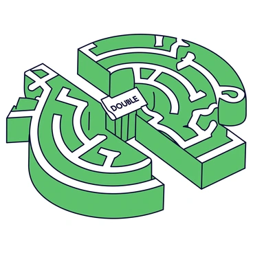 A twin labyrinth with two mirrored sections, each comprising intricate paths and sharp turns. One side has paths labeled "Double," featuring a series of winding routes, while the other side has paths labeled "Jeopardy," consisting of more treacherous twists. Both sections converge towards a single common exit, clearly marked with a bold sign. The walls of the labyrinth are a deep green color, enhancing the complexity of the maze's design.