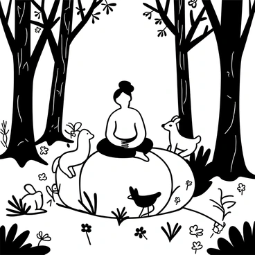 A figure representing "Saraswati" seated in a meditative pose on a smooth stone in the center of a lush forest. She is surrounded by various woodland creatures, including a deer, rabbits, and birds, all observing her with curiosity. Tall trees with intricate patterns of bark and leaves frame the scene, casting dappled shadows on the ground. Delicate flowers and ferns grow around the stone, enhancing the tranquility of the setting.