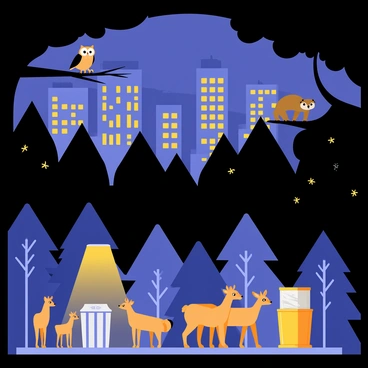 An illustration featuring a nighttime scene highlighting the effects of light pollution on wildlife. The background shows a bright city skyline with glowing buildings and streetlights. In the foreground, there are various animals such as a small owl perched on a tree branch, looking confused, and a raccoon rummaging through a garbage can, illuminated by a nearby streetlight. A family of deer stands at the edge of a forest, avoiding the bright lights, while fireflies attempt to navigate through the illuminated area. The contrast between the dark forest and the bright urban lights emphasizes the disruption in their natural habitats.