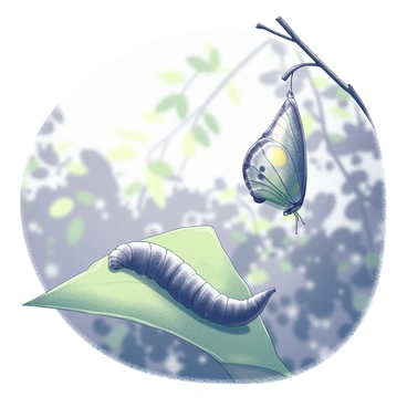 A caterpillar is positioned on a green leaf, with its body extended as it begins to transform. Nearby, a chrysalis hangs from a branch, showcasing its smooth surface. In the background, sunlight filters through the leaves, creating dappled shadows on the ground. A vibrant butterfly is emerging from the chrysalis, its wings partially open, revealing intricate patterns. The scene captures the moment of transformation in a natural environment filled with lush foliage.