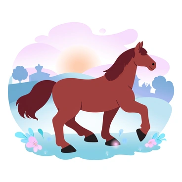 A horse with a glossy brown coat is standing on a grassy patch of a farm. The horse is positioned sideways, gazing out towards a distant hill. The sunset casts a warm glow, illuminating the sky with shades of pink, orange, and purple. Silhouettes of farm buildings can be seen in the background, adding depth to the scene. The landscape is dotted with a few trees, their leaves gently swaying in the evening breeze. In the foreground, patches of wildflowers add vibrant colors to the serene atmosphere.