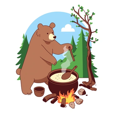 A brown Mama Bear is standing on her hind legs, stirring porridge in a large pot that sits over a glowing orange fire. The fire emits warm light, casting flickering shadows on the surrounding area. The pot is filled with thick, creamy porridge, and a wooden spoon is held in her paw. Around the fire, there are a few wooden logs and some stones arranged in a circle. In the background, there are green trees and a clear blue sky visible through the branches.