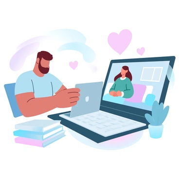 A man is sitting at a desk in a cozy room, looking at a laptop. He is wearing a casual t-shirt and has a relaxed posture. On the screen of the laptop, a woman is visible, sitting in a well-decorated living room. She is wearing a comfortable sweater and has her hands resting on her lap. Both the man and woman have their heads slightly tilted, indicating engagement in the conversation. A soft glow from their screens illuminates their surroundings, creating a warm atmosphere. Around the man, a few books and a potted plant are placed, while behind the woman, colorful cushions are arranged on a sofa. A heart shape is subtly incorporated into the design as a background element.