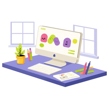 A workspace with a modern desk featuring a sleek computer. The computer screen displays a colorful logo design of a jelly character, featuring bright shades of purple and green, with a cheerful smile. Surrounding the computer are various design tools, including colorful markers, sticky notes, and a sketchbook. An open window lets in natural light, illuminating the creative environment. A small potted plant sits on the desk, adding a touch of greenery to the branding session.