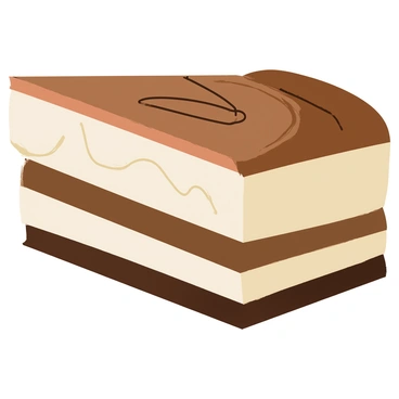 A close-up of a sliced torte displaying multiple layers. The top layer consists of a smooth, glossy chocolate ganache. Below it, a fluffy layer of cream is visible, adorned with delicate swirls. The sponge layers are light and airy, alternating between dark chocolate and vanilla. The edges of the slice reveal a slight sheen, indicating freshness. A few decorative chocolate shavings are scattered across the top of the torte.