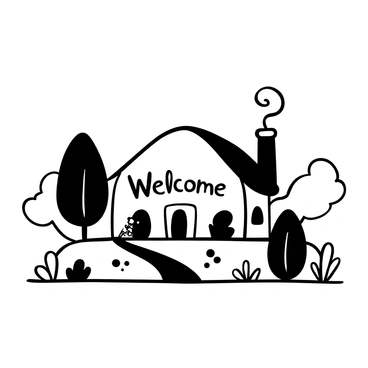 A "Welcome" message displayed prominently on the front of a card. In the background, there is a cozy cottage with a thatched roof and stone walls. Smoke gently rises from the chimney, curling into the air. Surrounding the cottage, there are tall trees and a small garden with blooming flowers. A pathway leads up to the front door of the cottage, inviting visitors in.