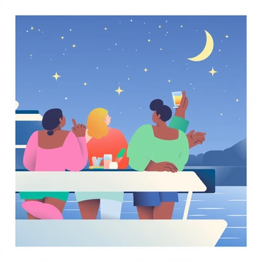A group of four passengers with varied skin tones is standing on the open deck of a luxurious yacht. They are gazing up at a sky filled with bright stars and a crescent moon illuminating the scene. Two of the passengers are holding glasses filled with a light-colored beverage, while the other two are pointing towards a particularly bright star. The deck is adorned with soft cushions and a small table with snacks. The water is calm, reflecting the starlight, and the silhouette of the yacht is visible against the night sky.