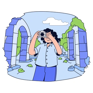 A globe-trotter wearing a light blue denim blouse is standing among ancient, crumbling historic ruins. The ruins include stone walls, broken columns, and greenery creeping through the gaps. The traveler holds a camera up to their eye, focused on capturing a moment. Sunlight filters through the trees, casting soft shadows on the ground. The scene conveys a sense of adventure and discovery.