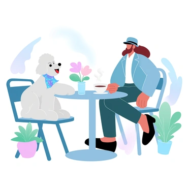 A poodle sitting at an outdoor café table with a stylish owner