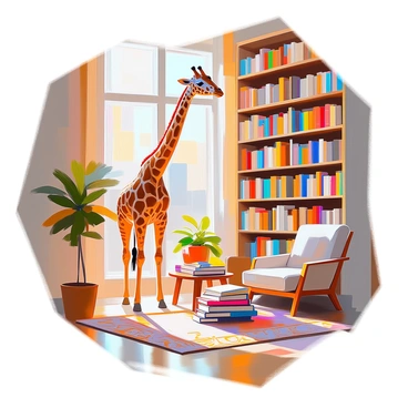 A cozy library filled with wooden shelves lined with colorful books. A tall giraffe with brown and white patches is stretching its long neck to reach for a book on the top shelf. The giraffe's head is slightly tilted as it carefully selects a book. Soft, warm light filters through a nearby window, illuminating a comfortable reading nook with a plush armchair and a small table stacked with more books. A carpet with intricate patterns covers the wooden floor, adding to the inviting atmosphere of the library.