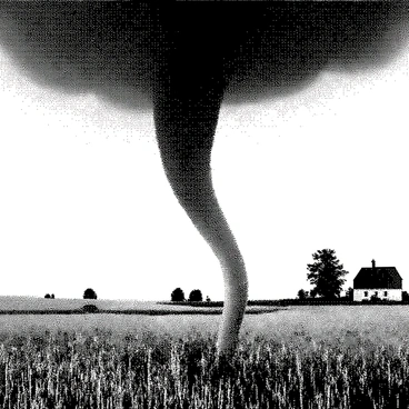 A twisting tornado is spiraling through a rural landscape. The tornado has a dark funnel shape and is surrounded by swirling debris, including small branches and pieces of wood. The rural setting features fields with tall grass and a few scattered trees. In the background, a distant farmhouse is partially visible, with the sky above filled with dark clouds. The scene conveys a sense of movement as the tornado continues its path across the land.