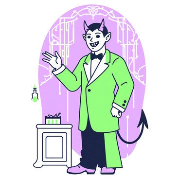A Victorian devil stands confidently, wearing a sharp tailcoat that is tailored to perfection. The devil has a pair of distinct horns on his head and a long, pointed tail that curls behind him. His face displays a sinister yet charming smile, revealing sharp teeth. He has deep-set eyes that glint with mischief. His left hand is elegantly raised, palm open, as if offering something unseen. The background features elements like ornate, dark wood furnishings and a subtly lit atmosphere, enhancing the devil's intriguing presence.