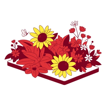 A red flower garden is in full bloom spread across a 30x20 board. Various flowers, including large yellow sunflowers and small red daisies, are arranged in clusters. The garden features lush green leaves surrounding the bright petals. A small white butterfly is delicately perched on one of the flowers, adding movement to the scene. The board's dimensions are clearly defined, showcasing the vibrant colors of the flowers against the background.