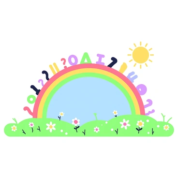 A rainbow is arcing across the sky. The rainbow is composed of various punctuation marks, including commas, periods, exclamation points, and question marks. Each punctuation mark is distinctly shaped and arranged in a colorful sequence. Below the rainbow, a grassy landscape is visible, dotted with simple flowers and a clear blue sky. The sun is shining brightly, adding to the cheerful atmosphere of the scene.