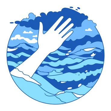 A white hand is outstretched over turbulent blue waters, with waves crashing in various directions. The hand is positioned with fingers slightly curled, conveying a sense of hope and longing. In the background, dark clouds gather above the water, contrasting with the bright reflection of light on the surface of the waves. The overall scene captures a moment of connection between the hand and the chaotic waters below, suggesting a reliance on a higher power amidst turmoil.