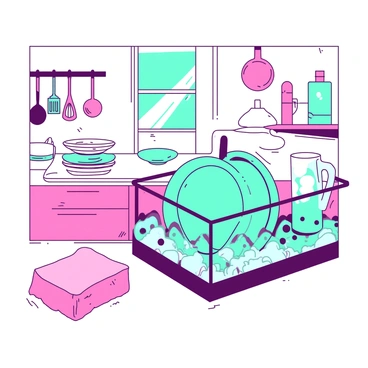 A cheerful kitchen scene with a colorful sponge next to a shiny dish rack filled with clean dishes.