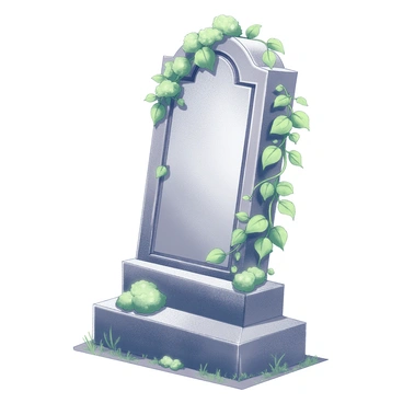 A gravestone standing upright in a serene cemetery setting. The stone features intricate carvings and inscriptions, showing signs of age and weathering. Creeping ivy climbs up one side of the gravestone, with lush green leaves creating a contrast against the gray stone. Clusters of mosses are scattered across the base and crevices of the gravestone, adding a soft texture. The surrounding ground is slightly uneven, with patches of grass peeking through.