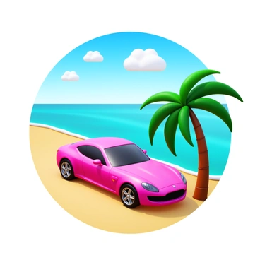 A luxury car in a vibrant shade, gleaming under the sunlight, is parked beside a tropical beach. Lush green palm trees with broad leaves sway gently in the breeze. The beach features fine, white sand that contrasts with the deep turquoise waters of the ocean. Waves lap softly at the shore, creating a serene environment around the parked car. The sky is clear with a few fluffy white clouds scattered above, enhancing the sunny atmosphere of the scene.
