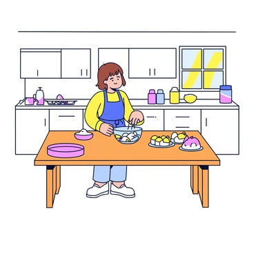 A kitchen with a large wooden table in the center. A person with short brown hair is wearing an apron and is actively mixing colorful ingredients in a glass bowl. On the table, there are various baking supplies, including a bag of flour, a carton of eggs, a container of sugar, and colorful sprinkles. The kitchen has white cabinets and a window with sunlight streaming in, illuminating the space. A cake pan is placed next to the mixing bowl, ready for the batter.