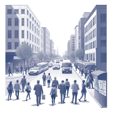 A city street filled with a diverse crowd of people hurrying to work during morning rush hour. Some individuals are walking briskly on the sidewalks, while others are waiting at bus stops or crossing the street. Various buildings line the street, showcasing a mix of architectural styles, with large glass windows reflecting the activity below. Street vendors are set up along the curb, selling newspapers and coffee to commuters. A few cars and buses navigate through the busy traffic, adding to the overall sense of urgency in the scene. The sky is clear, indicating a bright morning.